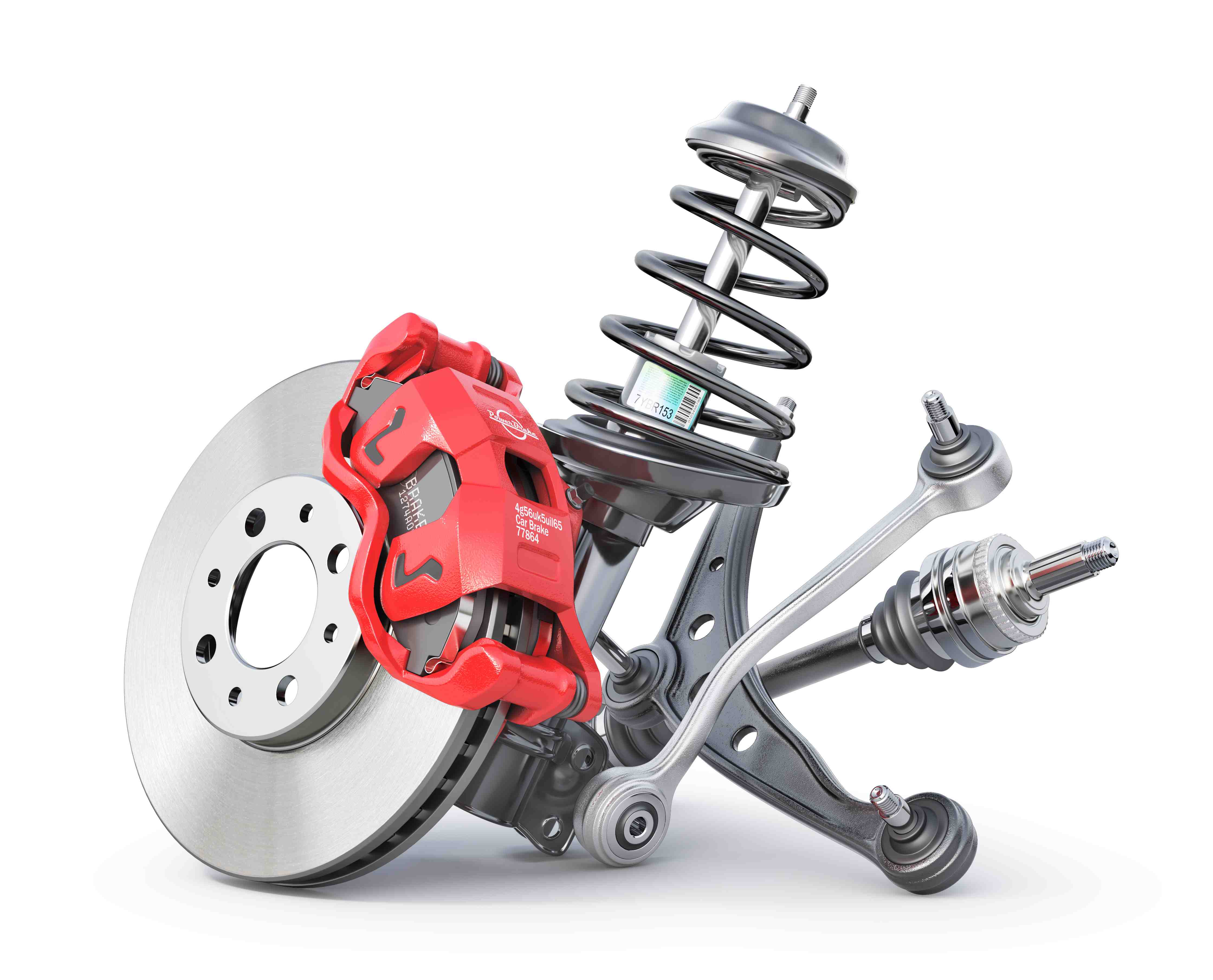 Car brake disk with car suspension elements. Auto parts on a whi