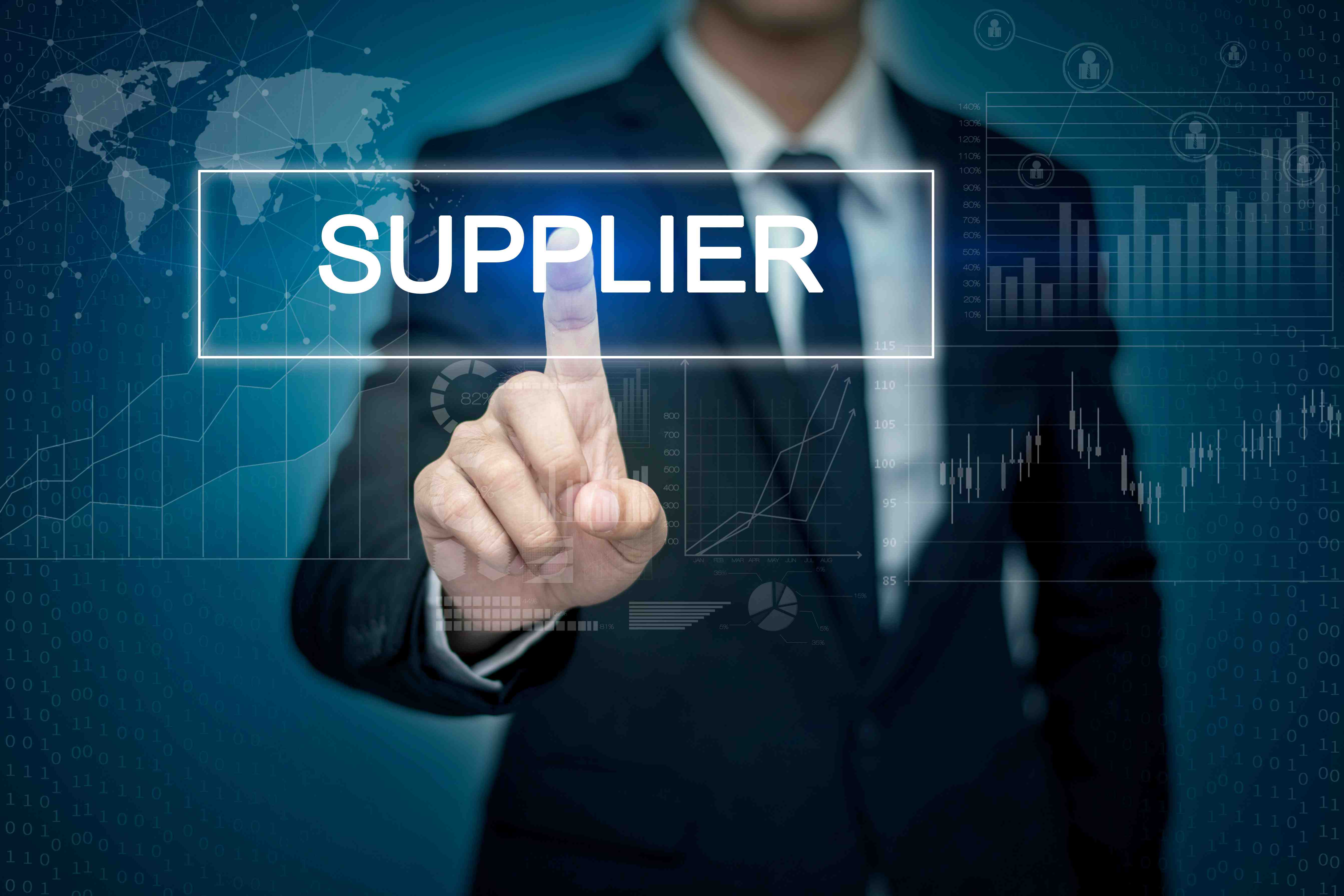 Businessman hand touching SUPPLIER button on virtual screen
